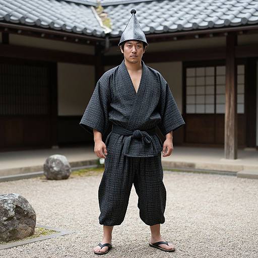 Photograph of a Japanese man in a black checkered kimono and traditional hat, standing in a traditional Japanese courtyard.