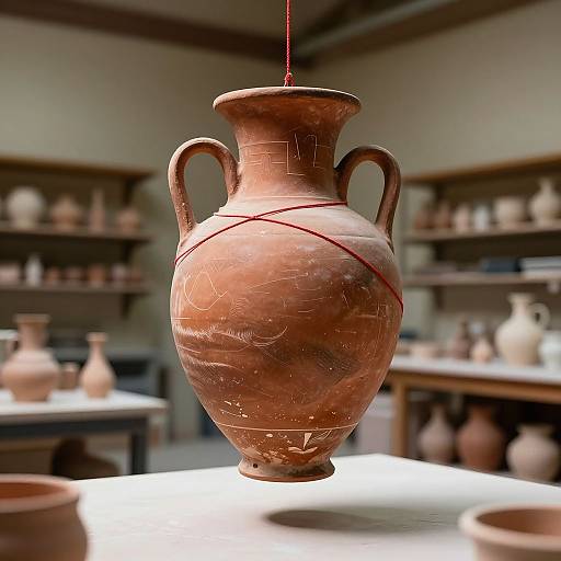 Photograph of a rustic, clay pottery jug with two handles, red string across, displayed on a white table in a dimly lit pottery studio.