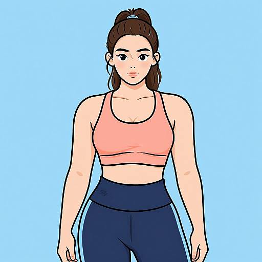 Digital drawing of a young woman with fair skin, brown hair in a ponytail, wearing a pink sports bra and navy high-waisted leggings,