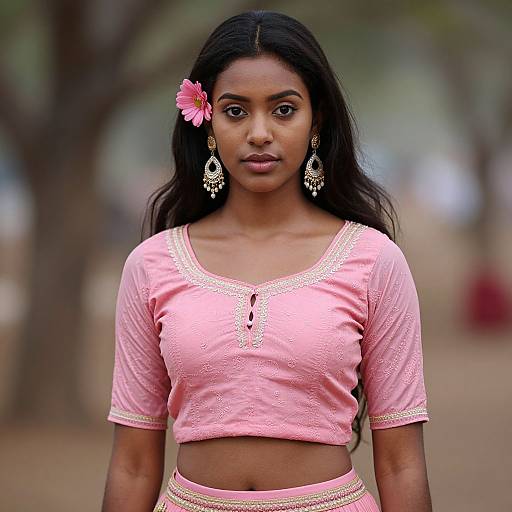 Photograph of a young Black woman with long, straight black hair, wearing a pink embroidered crop top and matching skirt, with pink flower in hair and