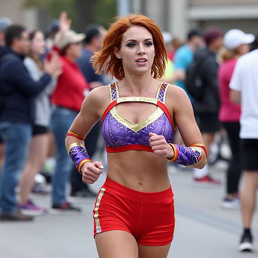 Photograph of a red-haired woman with toned physique, wearing a purple and red sports bra, red shorts, and wristbands, running in a crowded