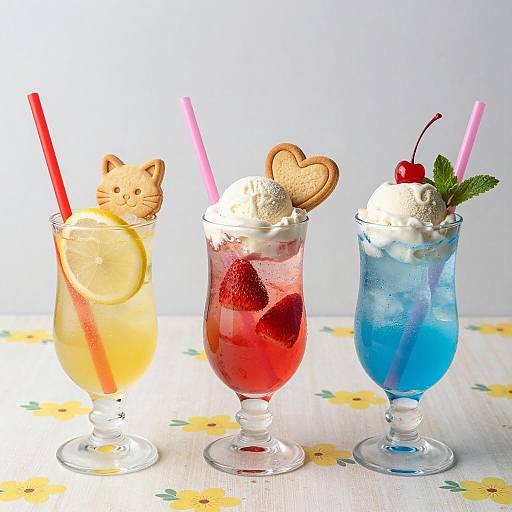 Three Colorful Ice Cream Soda Drinks with Cookies