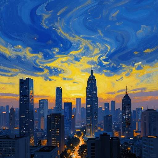 Digital painting of a city skyline at sunset, featuring tall skyscrapers in dark blue, illuminated windows, and a vibrant sky with swirling blue, yellow