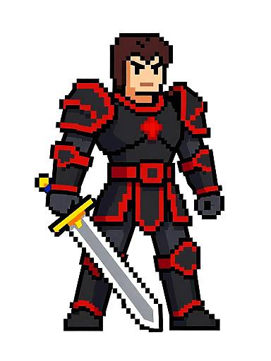 Pixel art of a stern-faced male warrior in black and red armor, holding a yellow-handled sword, standing against a white background.