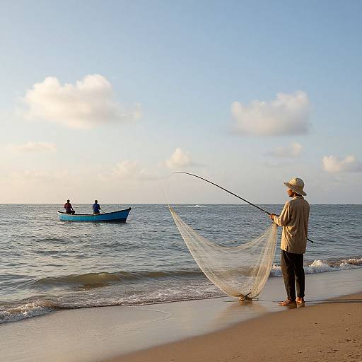 Photograph of an elderly fisherman in a hat and beige shirt casting a net on a sandy beach, with two small boats on the calm sea under