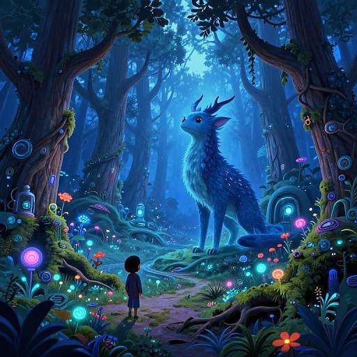 Digital fantasy art: A mystical blue forest with glowing mushrooms, a large, furry, deer-like creature, and a small child gazing up in awe