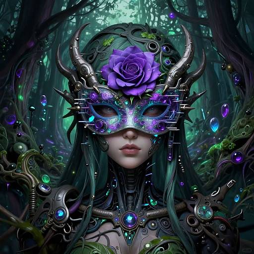 Digital fantasy artwork of a mysterious woman with glowing purple rose-adorned mask, dark green hair, cybernetic horns, and bioluminescent