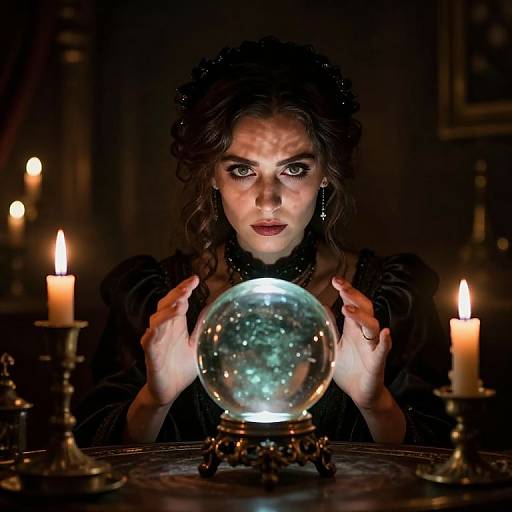 Gothic woman with dark hair and intense gaze, holding a glowing snow globe, surrounded by candles in a dimly lit room. Photorealistic