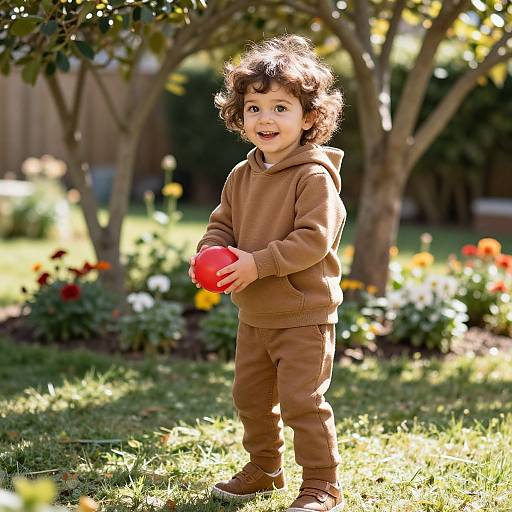 Child Playing with Red Ball in Sunny Backyard