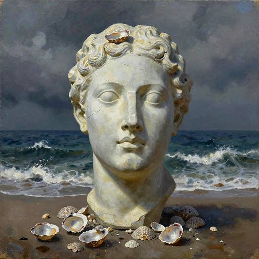 Photograph of a white marble head sculpture with curly hair, surrounded by seashells, on a stormy beach with dark waves.