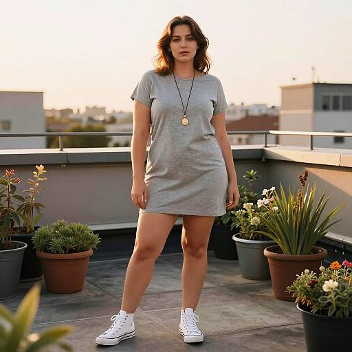 Photograph of a young woman with wavy brown hair, wearing a gray t-shirt dress, white sneakers, and a pendant necklace, standing on a
