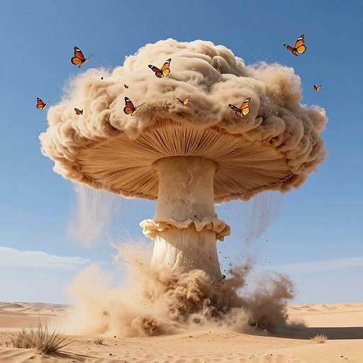 Photorealistic digital art of a mushroom exploding in a desert, surrounded by floating orange and black butterflies, under a clear blue sky.