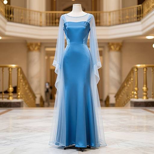 Photograph of a floor-length, blue satin gown with sheer, white long sleeves, displayed on a white mannequin in an opulent, grand