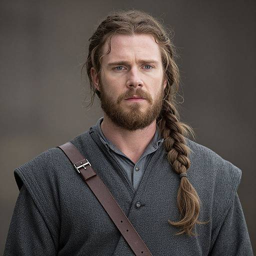 Photograph of a serious, blue-eyed, bearded man with long brown hair in a braid, wearing a dark gray, textured sweater, and