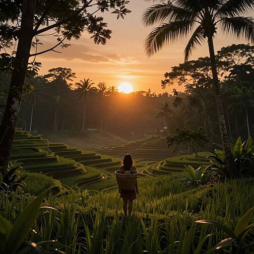 Photograph of a woman with long hair, standing in a lush, terraced rice field, watching a vibrant sunset behind silhouetted palm trees