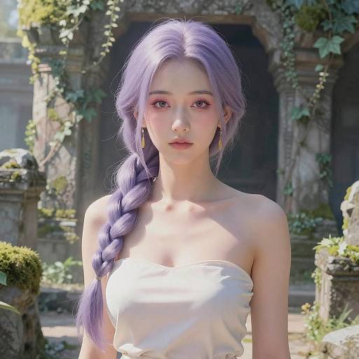 Digital art of a young woman with long lavender hair in a braid, wearing a white strapless top, standing in front of an ancient, iv