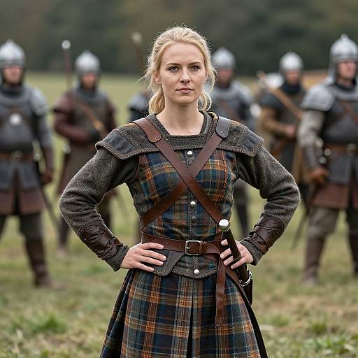 Photograph of a blonde, blue-eyed woman in medieval plaid dress and brown leather straps, standing confidently in front of armored soldiers in a grassy