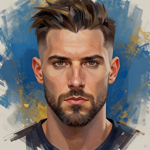 Digital portrait of a bearded, brown-haired, blue-eyed man with a serious expression, against a vibrant blue and yellow abstract background.