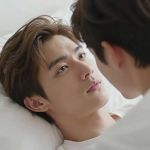 Close-Up of Two Men Lying on White Sheets