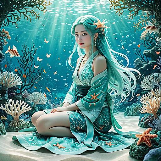 Anime Mermaid in Underwater Coral Garden