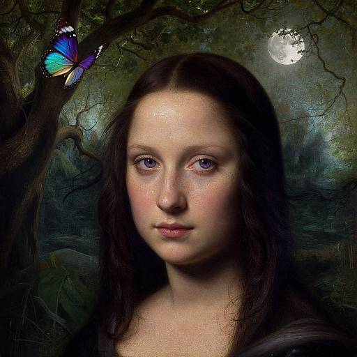 Photorealistic digital portrait of a pale, young woman with long dark hair, purple eyes, and a serene expression, surrounded by a dark forest with