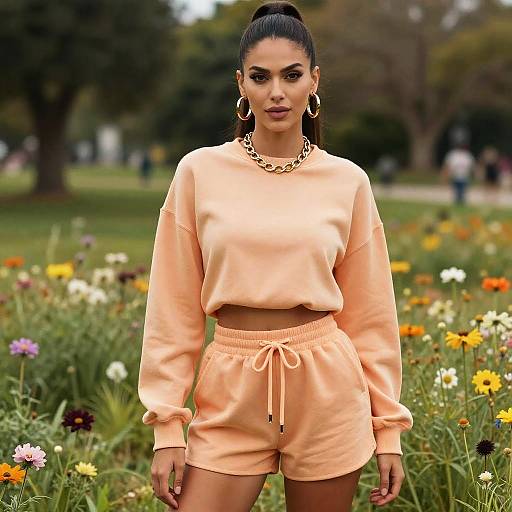 Photograph of a confident woman with dark hair in a high ponytail, wearing a peach crop sweatshirt and matching shorts, gold necklace, and hoop