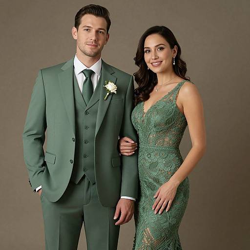 Photograph of a handsome, fair-skinned man in a green suit and white rose boutonniere, standing beside a beautiful, dark-haired woman