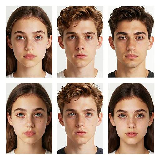 Photograph of six young individuals, three females and three males, with varying hair colors and styles, against a white background.