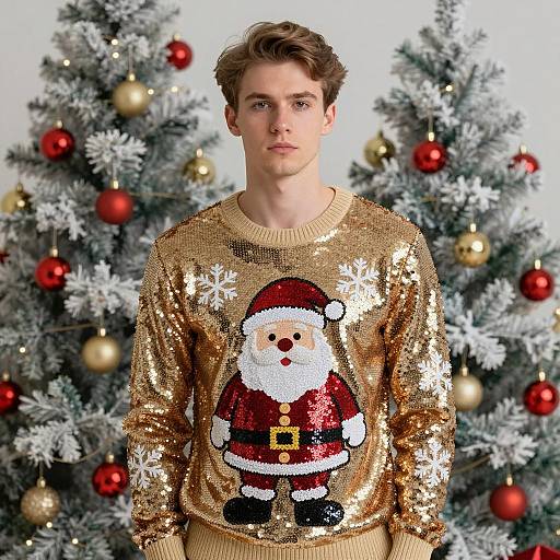 Young Man in Gold Sequin Christmas Sweater