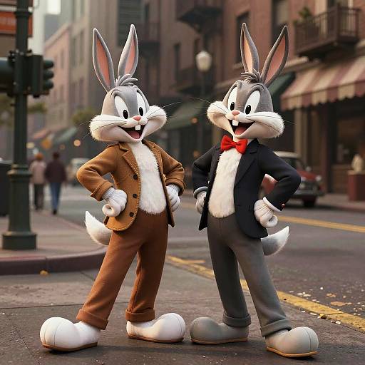 Photograph of two anthropomorphic gray rabbits in 3D animation style, dressed in brown suit and black suit with bow tie, standing on a city