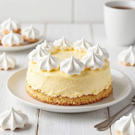 Photograph of a cream-filled cake with white swirled frosting, golden crumb crust, on a white plate, on a white wooden table.