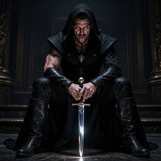 Photograph of a muscular, hooded man with glowing eyes, tongue out, crouching in dark, ornate setting, gripping a sword with
