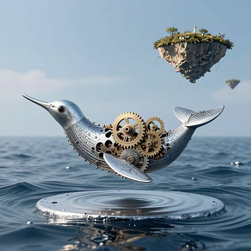 Photorealistic CGI of a metallic hummingbird with gears, hovering above a ripple in blue ocean, with floating islands in the background.