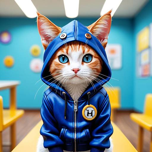 Cat Wearing Blue Hoodie with Badge