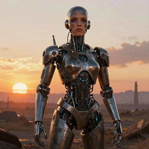Photorealistic CGI of a silver, humanoid robot woman with exposed mechanical joints, standing in a desert at sunset, with a glowing sun and distant structures