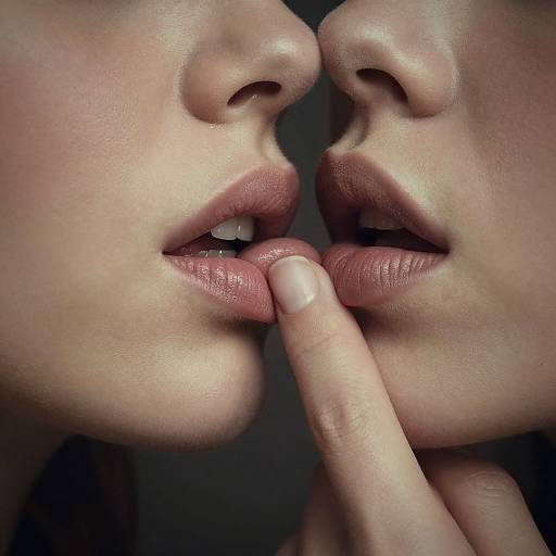Close-up photograph of two fair-skinned women with parted lips, gently touching with fingers, showcasing soft pink gloss on their lips.
