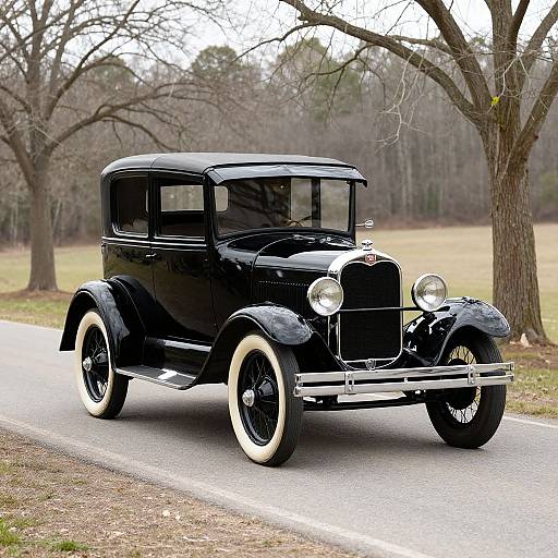 Photograph of a classic, shiny black vintage car with white-walled tires driving on a quiet, tree-lined road in a park.