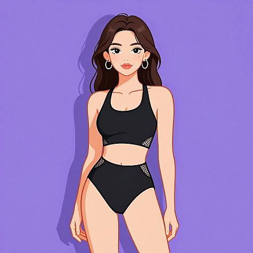 Digital anime-style drawing of a woman with long brown hair, wearing a black sports bra and high-waisted black bikini bottoms, against a solid purple