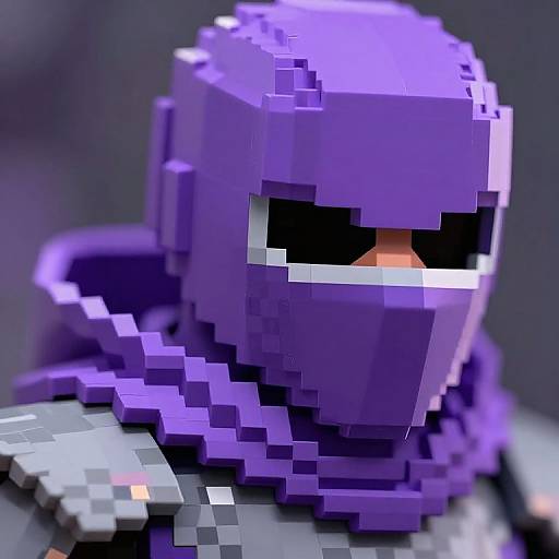 Pixel art close-up of a purple, blocky, masked figure with black eyes and orange slit, wearing a matching purple scarf and gray armor, against