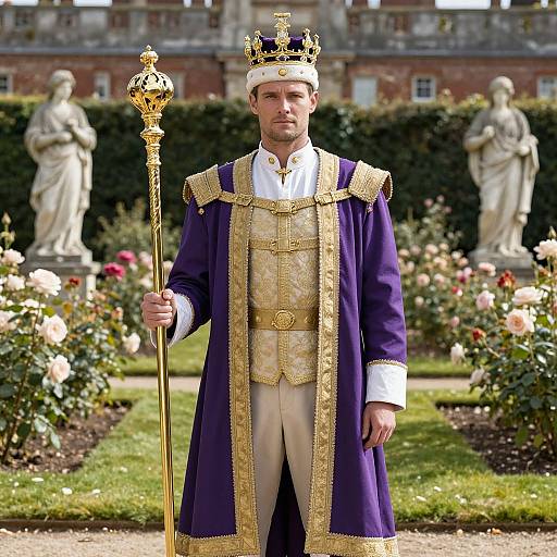 Photograph of a bearded man in regal purple and gold robes, holding a golden staff, wearing a crown, standing in a formal garden with