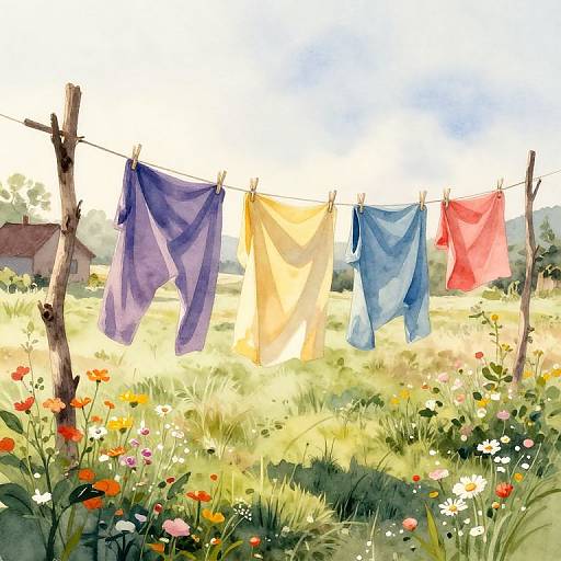 Watercolor-style painting of colorful laundry (purple, yellow, blue, red) hanging on a clothesline in a sunlit, flower-filled meadow