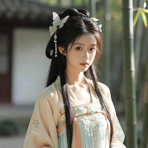 Photorealistic Hanfu Woman in Bamboo Forest