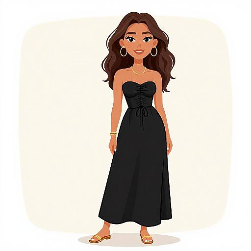 Digital illustration of a smiling, dark-haired woman in a strapless, black, floor-length dress, gold sandals, hoop earrings, and a bracelet,