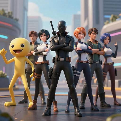 Diverse Group of CGI Characters in Futuristic City