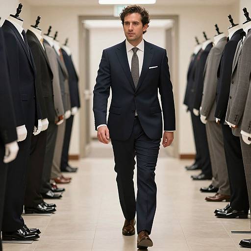 Photograph of a handsome man with curly brown hair, wearing a dark navy suit, white shirt, and gray tie, walking down a well-lit