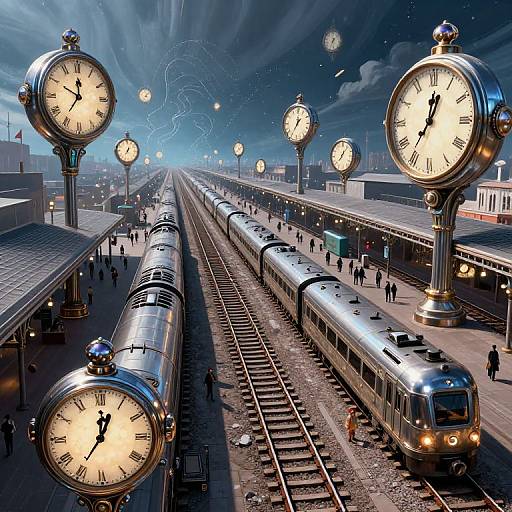 Digital artwork of a futuristic train station with vintage clock towers, silver trains, and people under a starry night sky.