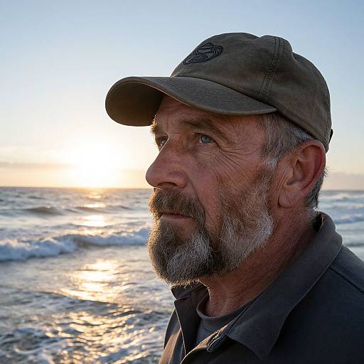 Photograph of a middle-aged man with gray beard and cap, gazing at sunset over the ocean, wearing a dark jacket.