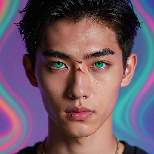 Photograph of an Asian male with striking green eyes, black spiky hair, and a small red scar above his nose, against a colorful, psychedelic