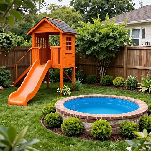 Vibrant Backyard Oasis with Pool and Playhouse