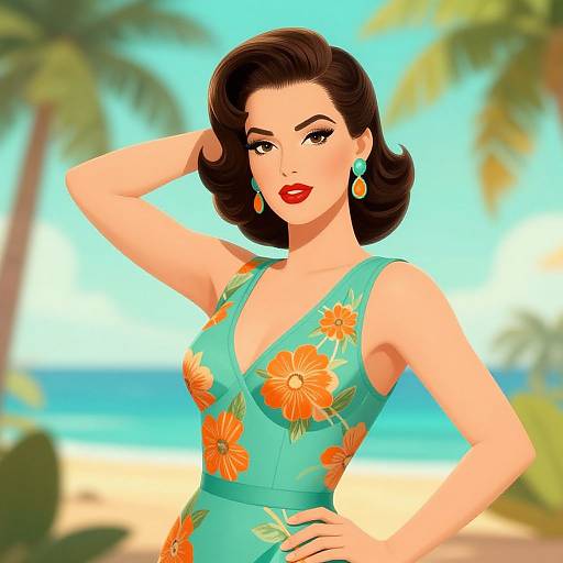 Digital illustration of a stylish woman with short brown hair, red lipstick, and turquoise floral dress, posing on a sunny beach with palm trees.